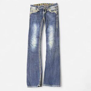 Rock revival darkwash lowrise flared jeans with cute embroidery and fade
